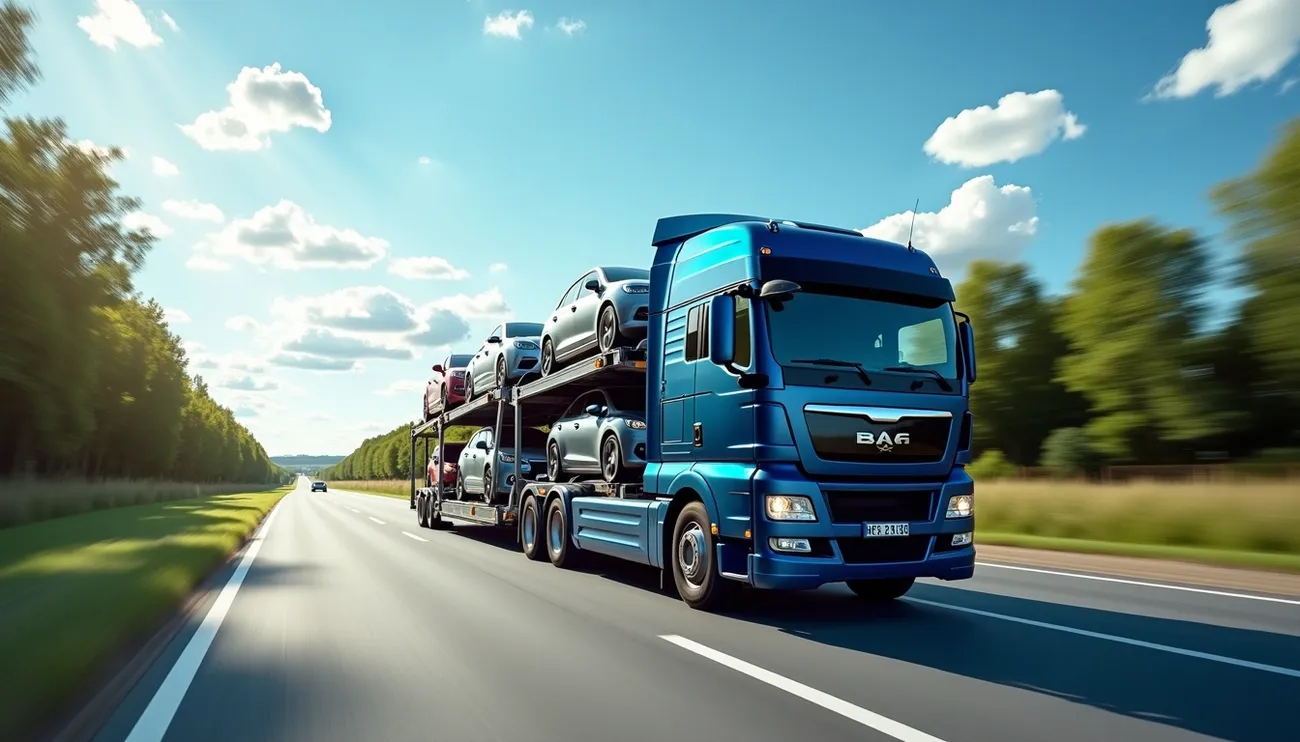 Blue car carrier truck transporting multiple cars on a highway under a sunny sky with scattered clouds.